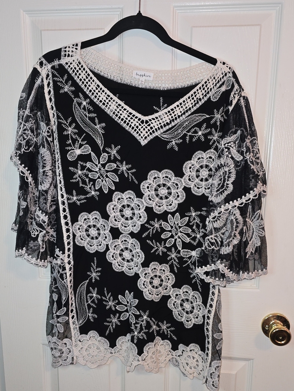 Black Tunic with White Floral Lace Overlay by